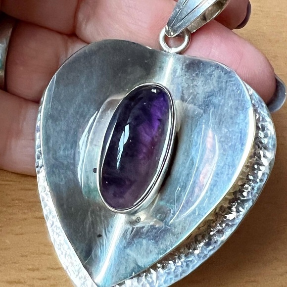 TAXCO PACO PEREZ VINTAGE HUGE STERLING AMETHYST CABOCHON HEART PENDANT NECKLACE